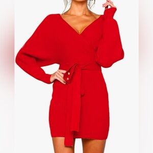 Elegant Red Wrap Sweater Dress, US Size L